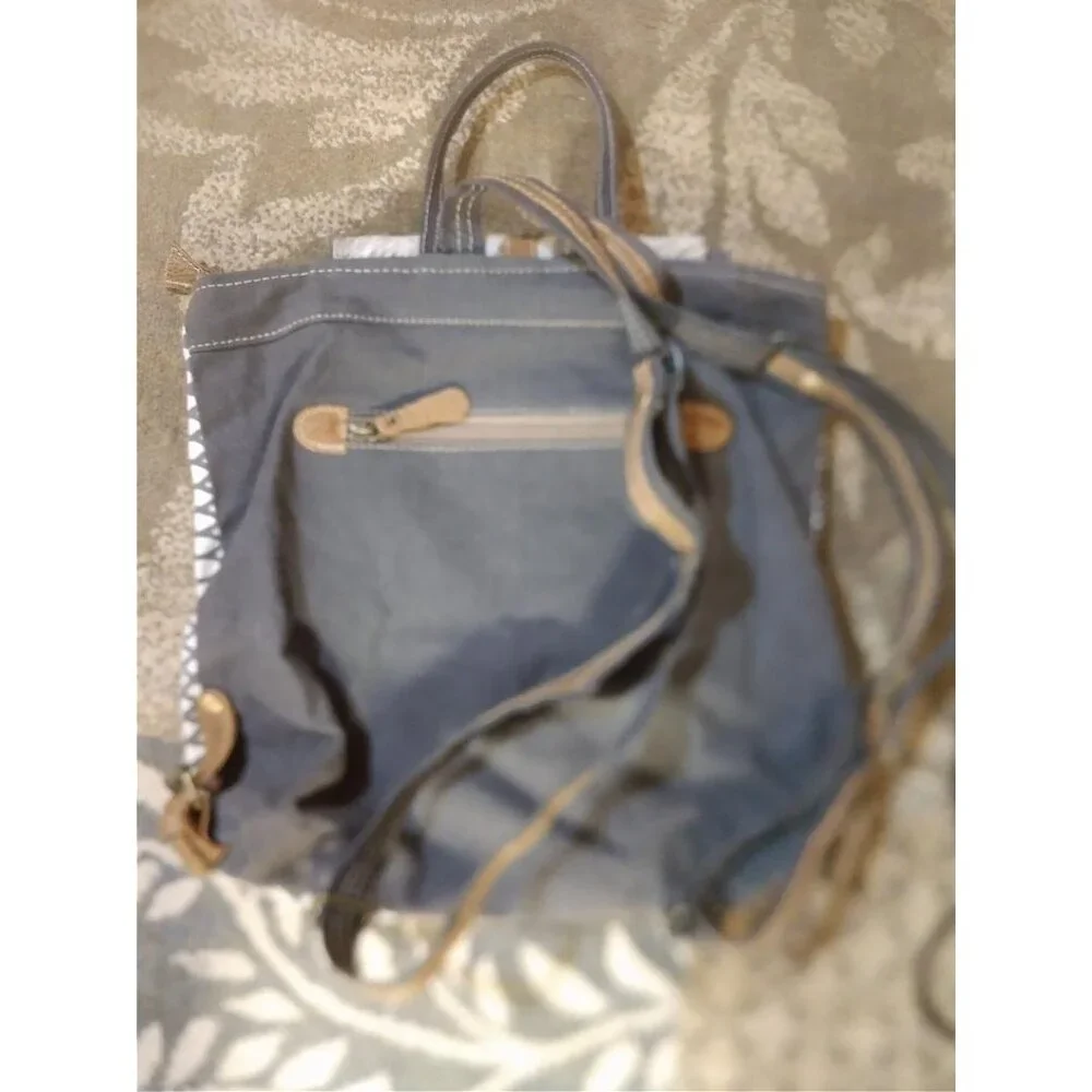 Myra Bag Canvas & Leather Backpack Purse With Geometric Print & Hair-On Flap